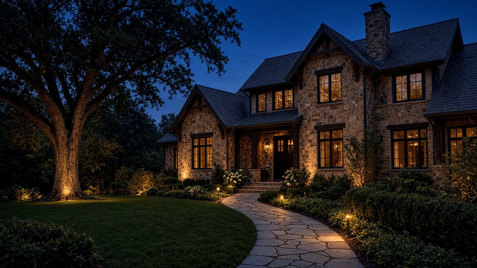 The yard at blue hour with the lights on