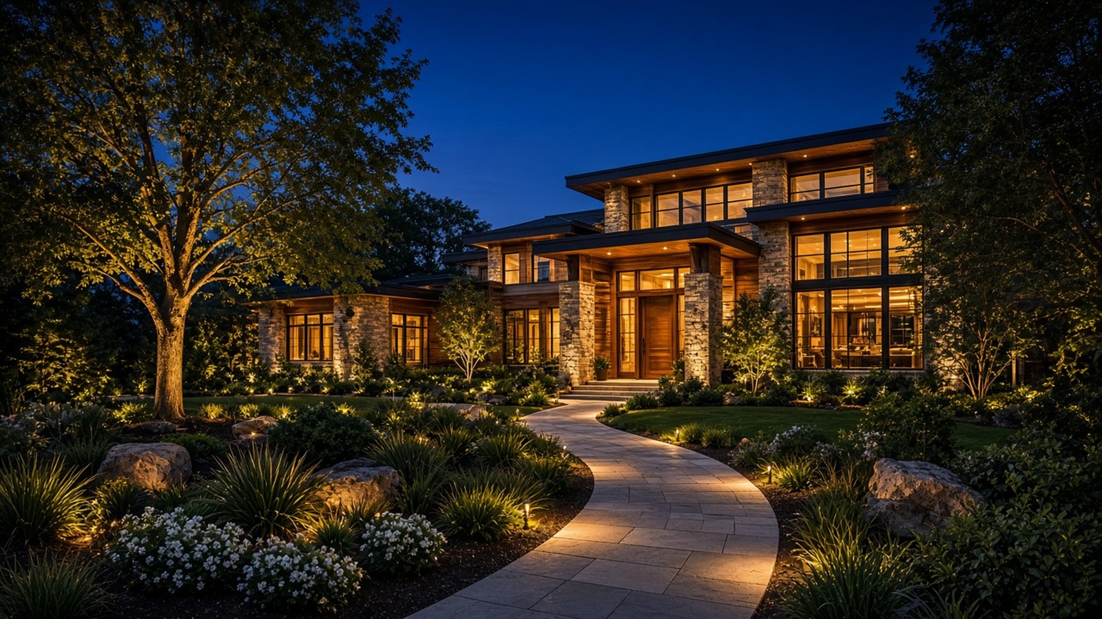 A stone and timber home with a lit front walk at blue hour